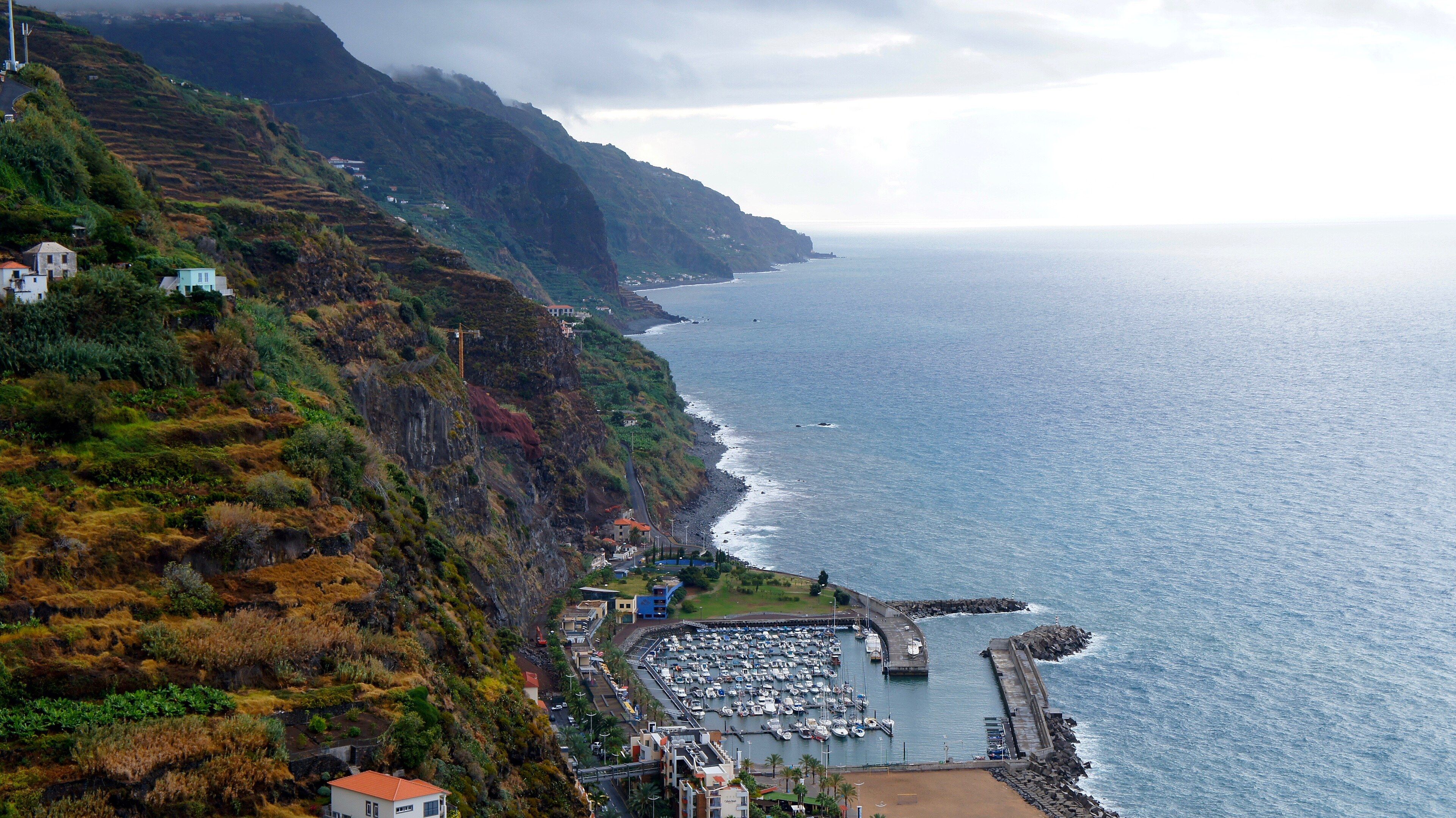 Terraced plots stepping down a volcanic slope to the Atlantic, Calheta, Madeira