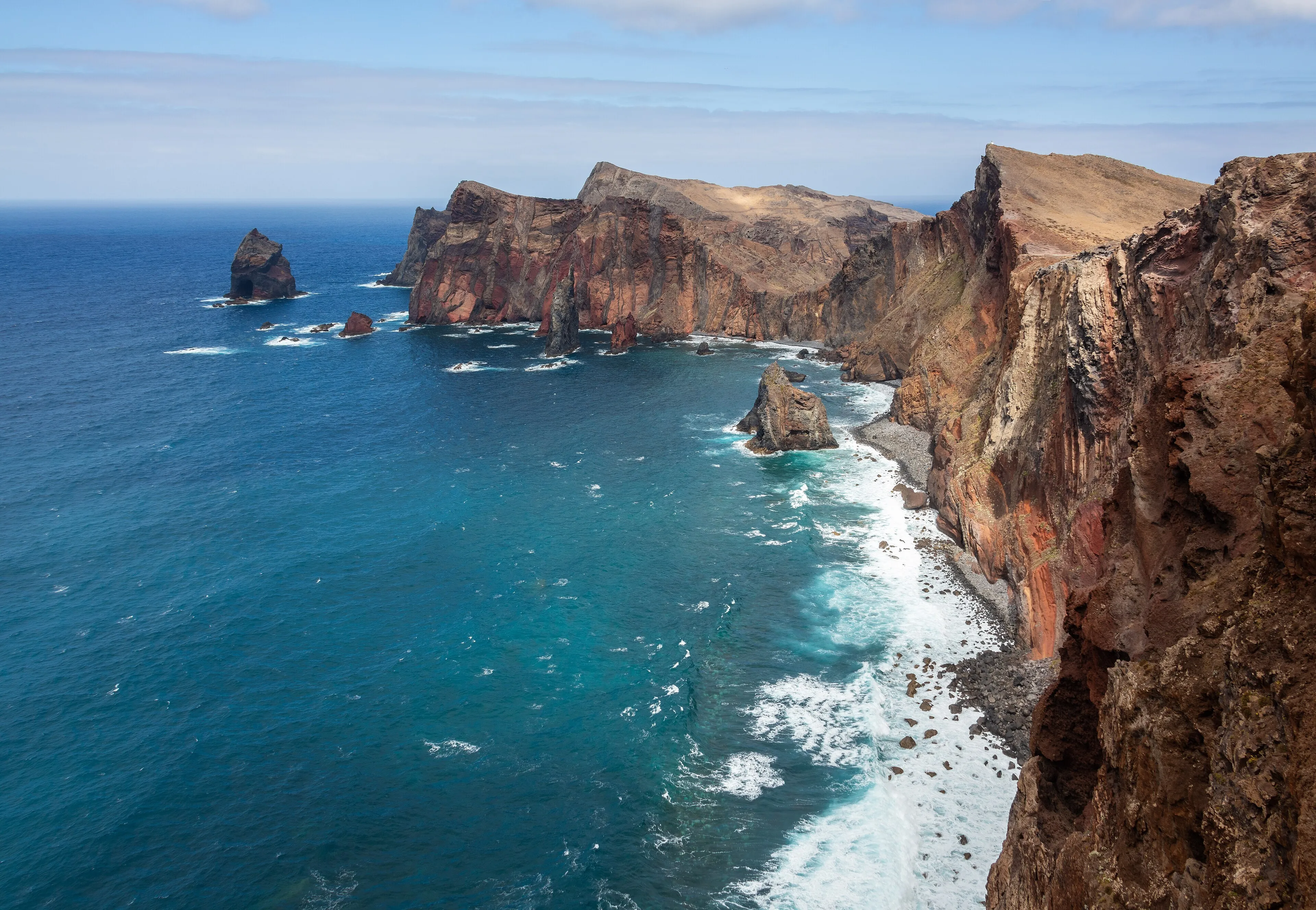 Dry volcanic cliffs meeting the ocean at Ponta de São Lourenço